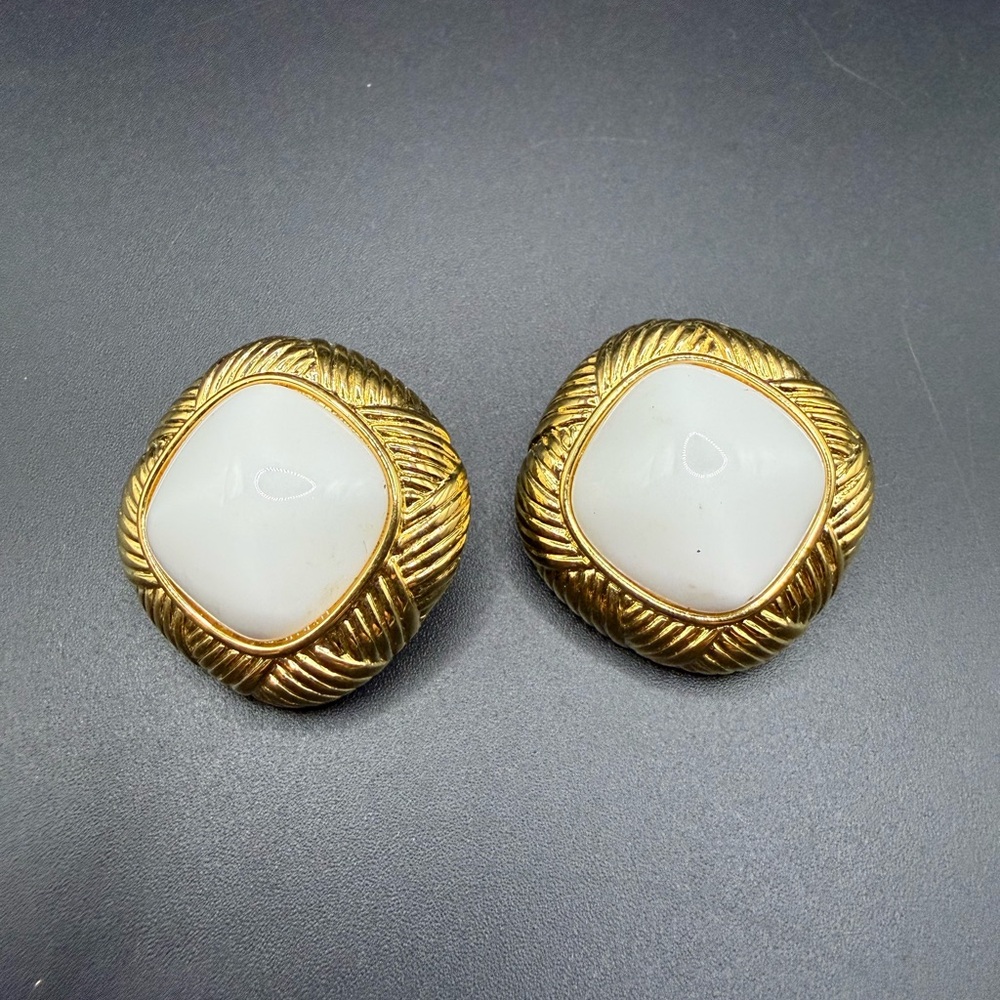 Vintage Gold-tone and White Enamel Clip On Earrings Classic Chic
